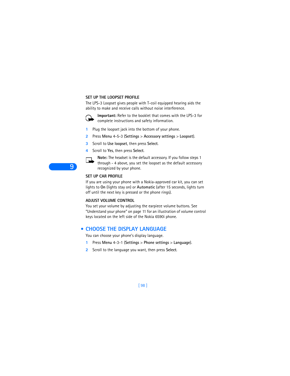 Set up the loopset profile, 3 scroll to use loopset, then press select, 4 scroll to yes, then press select | Set up car profile, Adjust volume control, Choose the display language | Nokia 6590i User Manual | Page 107 / 217