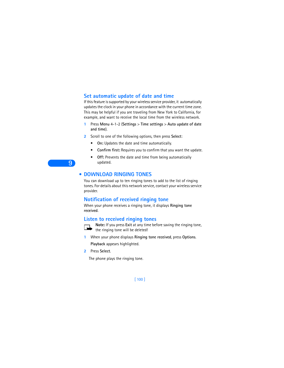 Set automatic update of date and time, Download ringing tones, Notification of received ringing tone | Listen to received ringing tones, 2 press select | Nokia 6590i User Manual | Page 109 / 217