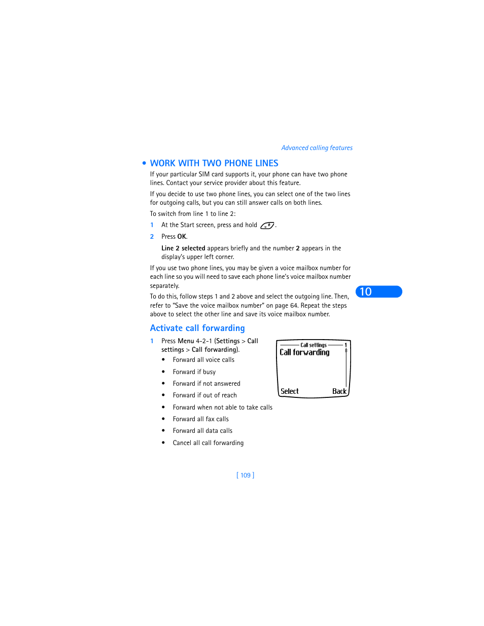 Work with two phone lines, 1 at the start screen, press and hold, 2 press ok | Activate call forwarding | Nokia 6590i User Manual | Page 118 / 217