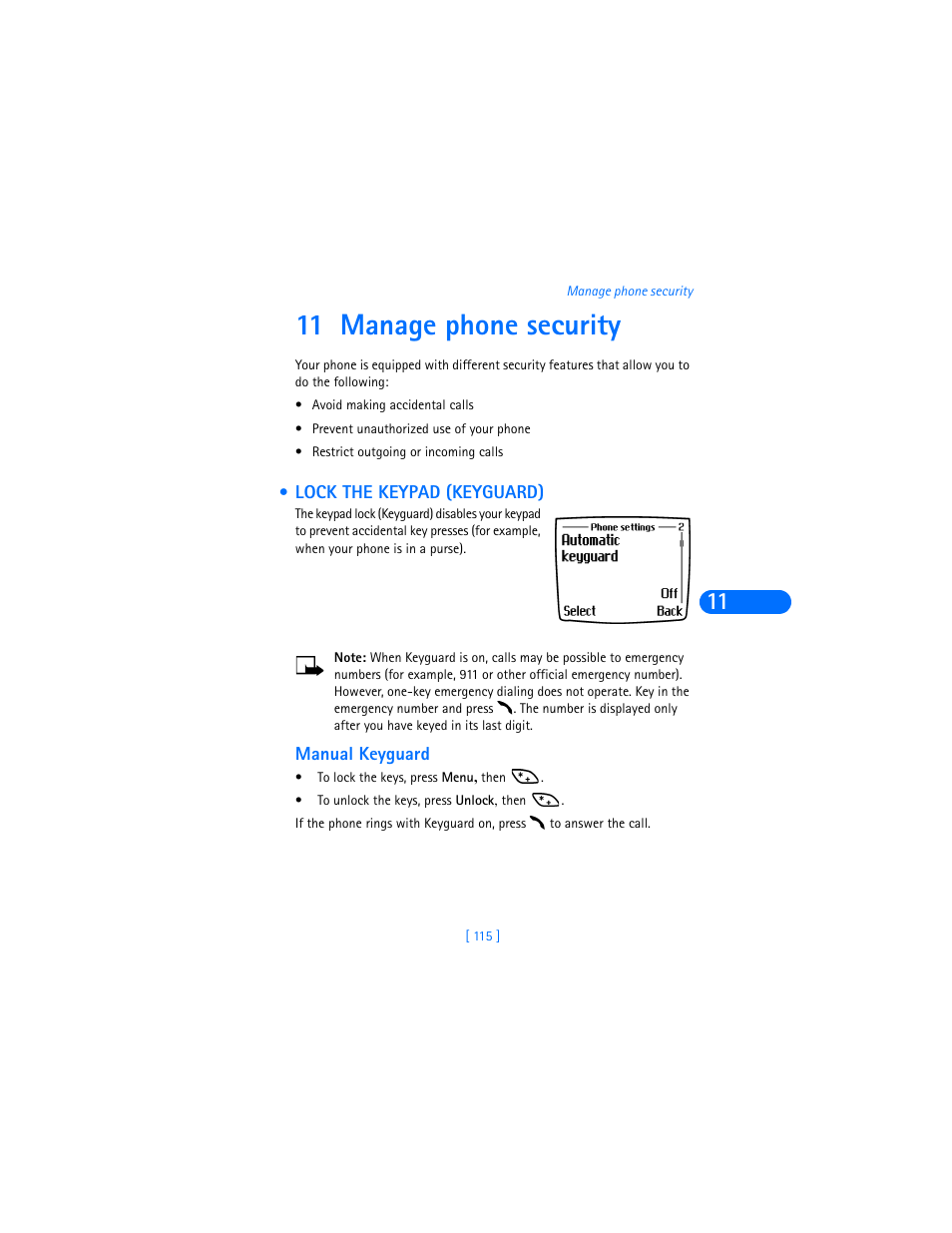 11 manage phone security, Lock the keypad (keyguard), Manual keyguard | Manage phone security | Nokia 6590i User Manual | Page 124 / 217