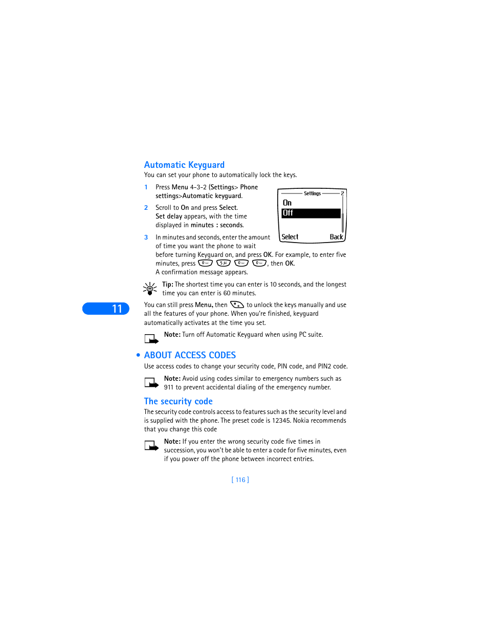 Automatic keyguard, About access codes, The security code | Nokia 6590i User Manual | Page 125 / 217