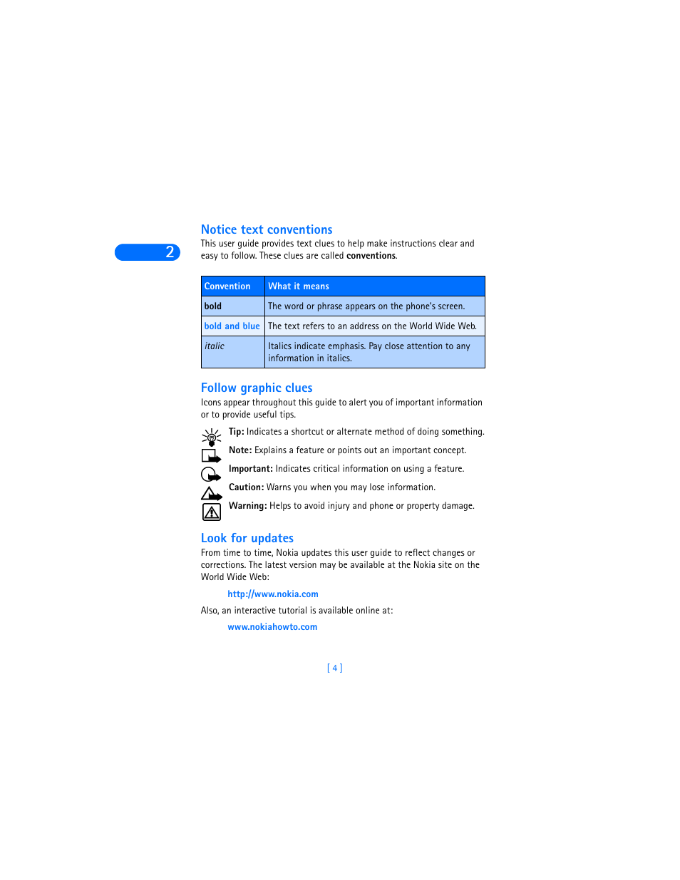 Notice text conventions, Follow graphic clues, Look for updates | Nokia 6590i User Manual | Page 13 / 217
