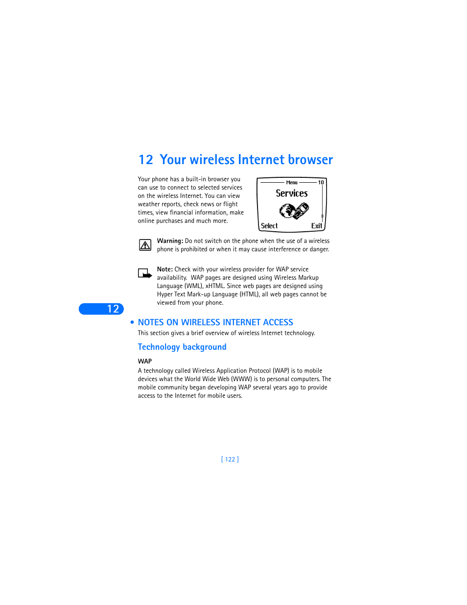 12 your wireless internet browser, Notes on wireless internet access, Technology background | Your wireless internet browser | Nokia 6590i User Manual | Page 131 / 217