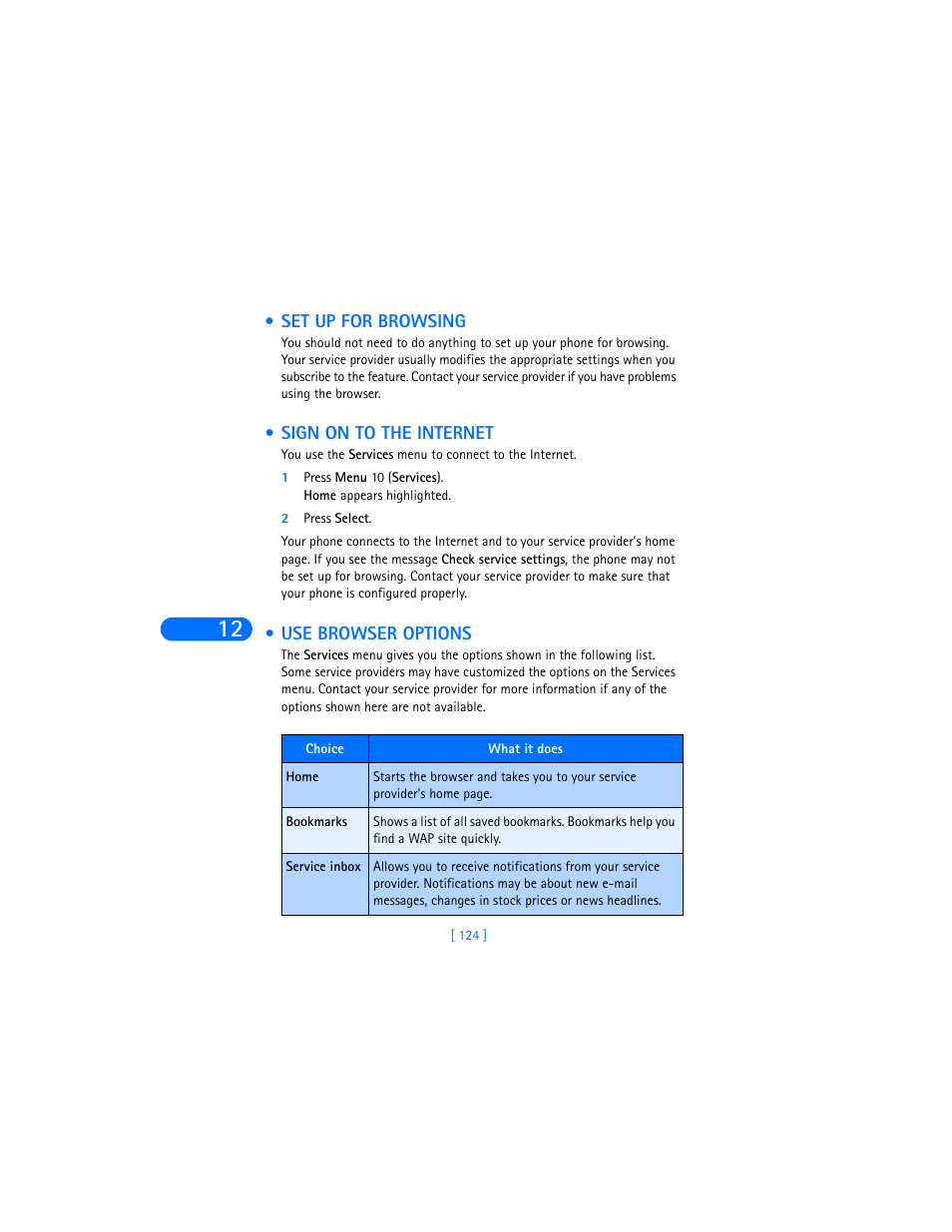 Set up for browsing, Sign on to the internet, 2 press select | Use browser options | Nokia 6590i User Manual | Page 133 / 217