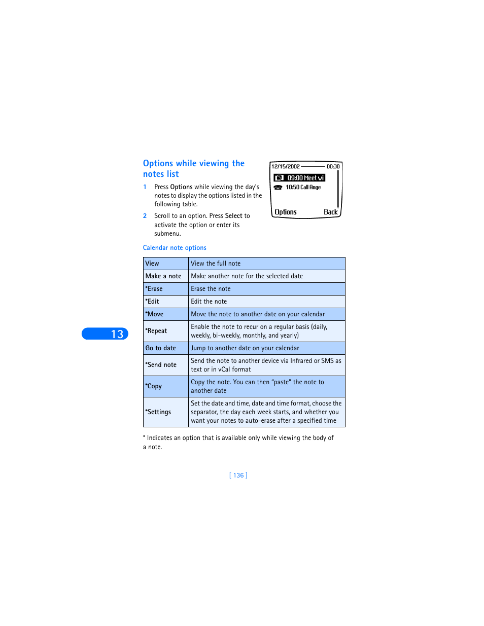 Options while viewing the notes list | Nokia 6590i User Manual | Page 145 / 217