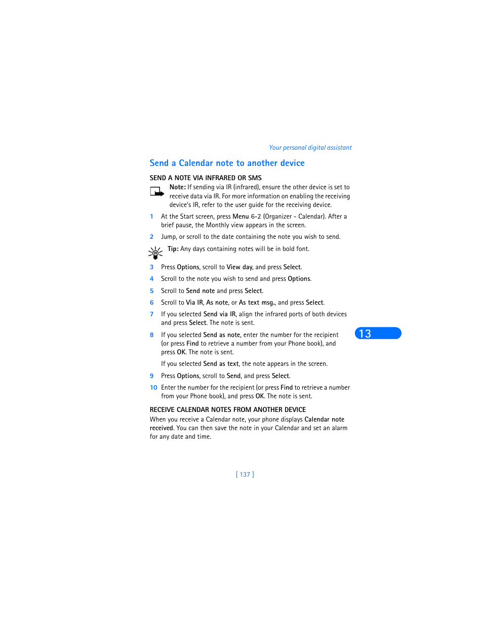 Send a calendar note to another device, Send a note via infrared or sms, 5 scroll to send note and press select | 9 press options, scroll to send, and press select, Receive calendar notes from another device | Nokia 6590i User Manual | Page 146 / 217