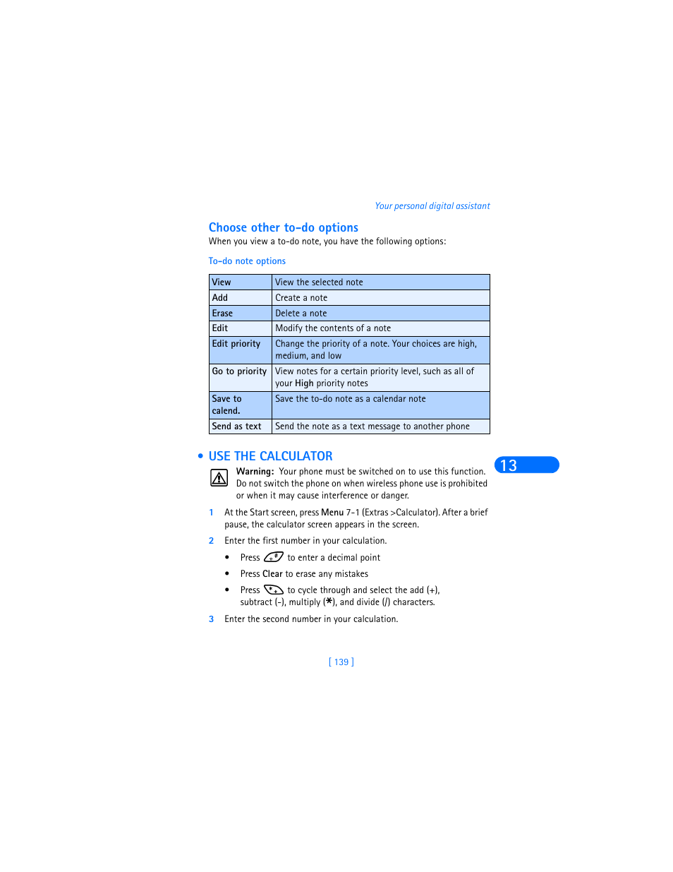Choose other to-do options, Use the calculator, 2 enter the first number in your calculation | 3 enter the second number in your calculation | Nokia 6590i User Manual | Page 148 / 217