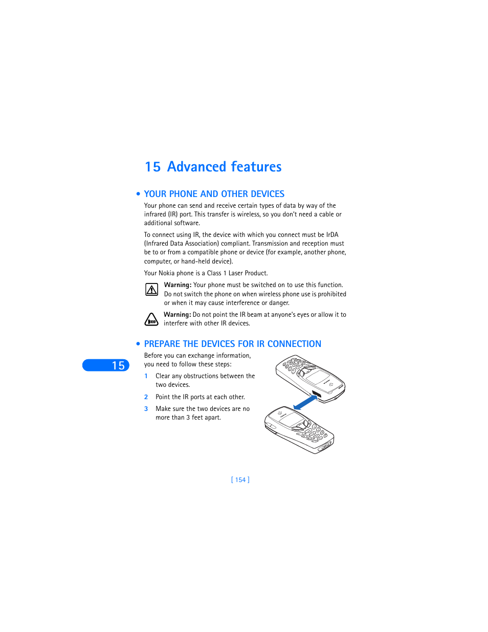 15 advanced features, Your phone and other devices, Prepare the devices for ir connection | 1 clear any obstructions between the two devices, 2 point the ir ports at each other, Advanced features | Nokia 6590i User Manual | Page 163 / 217