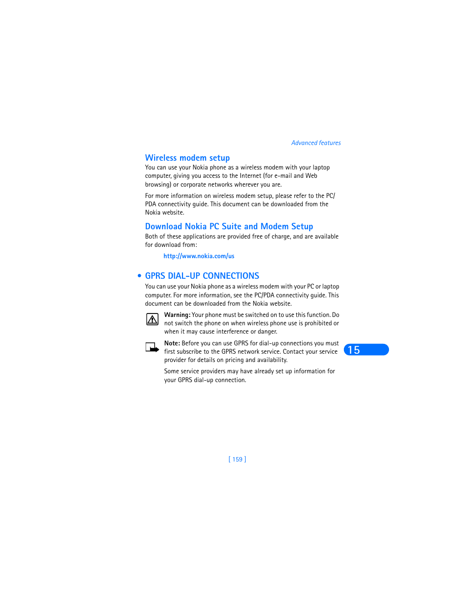 Wireless modem setup, Download nokia pc suite and modem setup, Gprs dial-up connections | Gprs dial-up | Nokia 6590i User Manual | Page 168 / 217