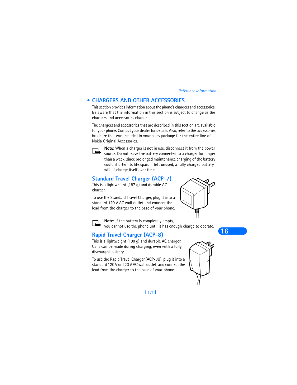 Chargers and other accessories, Standard travel charger (acp7), Rapid travel charger (acp-8) | Nokia 6590i User Manual | Page 180 / 217