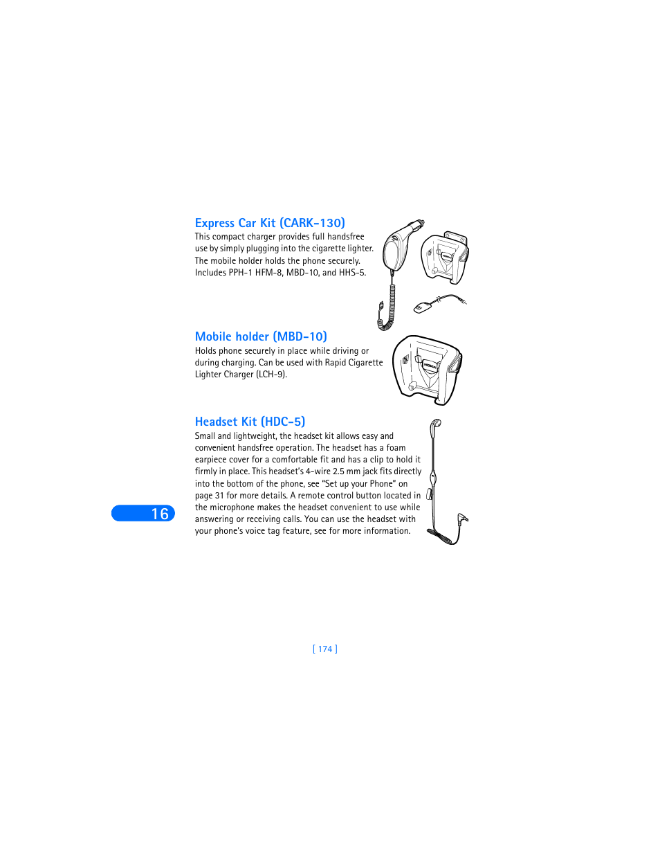 Express car kit (cark-130), Mobile holder (mbd-10), Headset kit (hdc-5) | Nokia 6590i User Manual | Page 183 / 217
