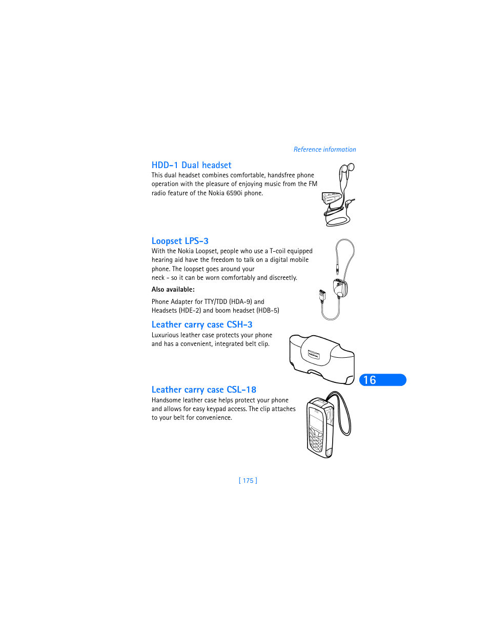 Hdd-1 dual headset, Loopset lps-3, Leather carry case csh-3 | Leather carry case csl-18 | Nokia 6590i User Manual | Page 184 / 217
