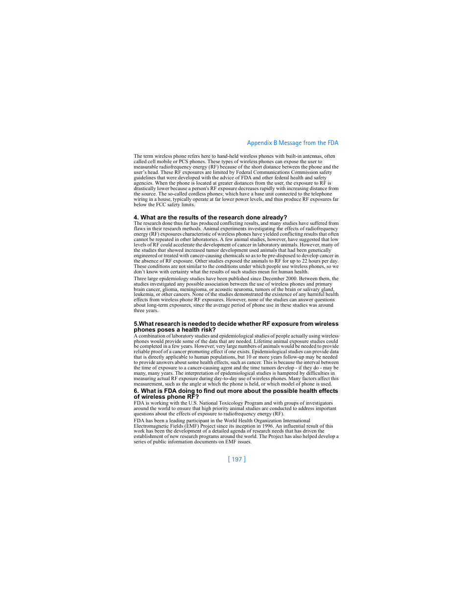 197 ] appendix b message from the fda | Nokia 6590i User Manual | Page 206 / 217