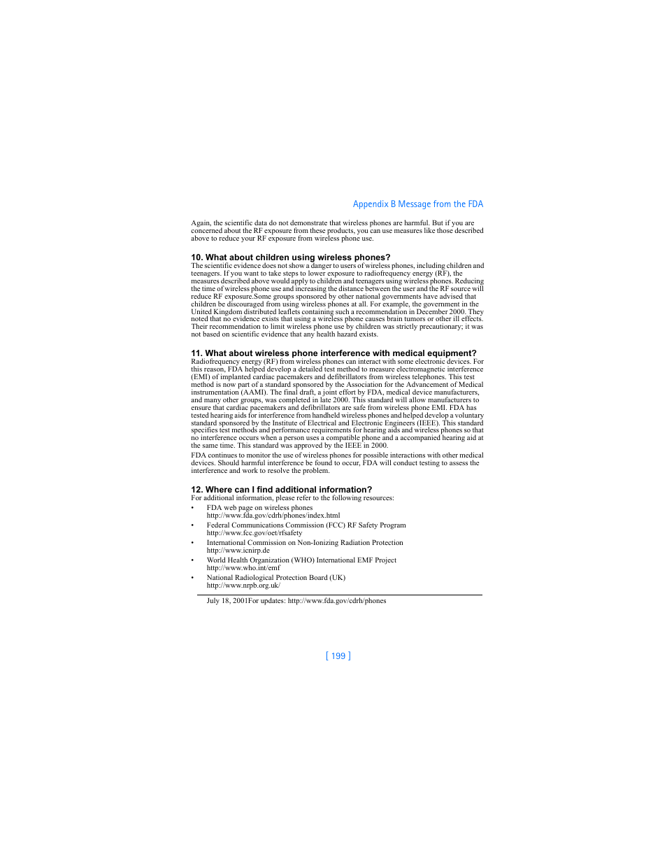 199 ] appendix b message from the fda | Nokia 6590i User Manual | Page 208 / 217