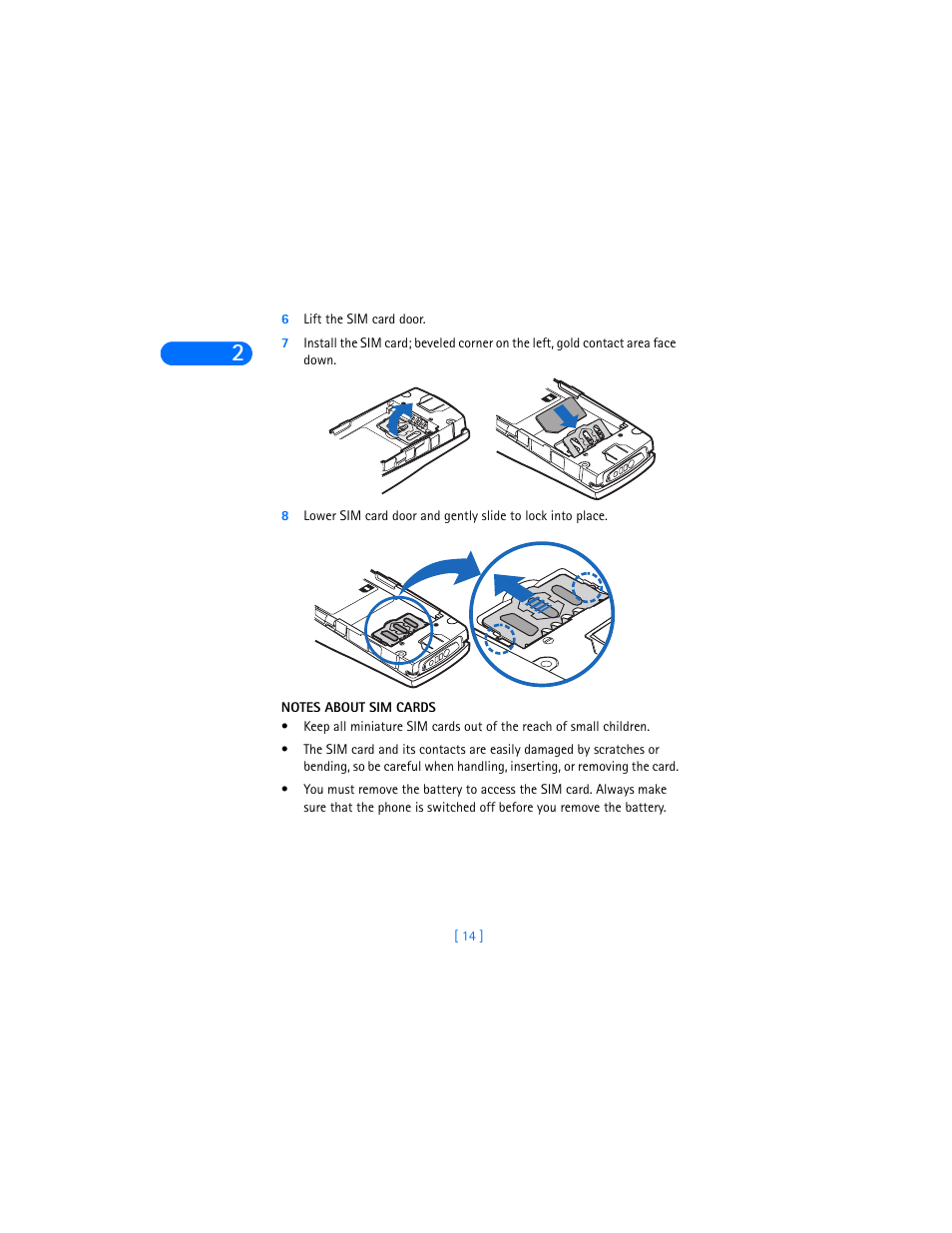 6 lift the sim card door, Notes about sim cards | Nokia 6590i User Manual | Page 23 / 217