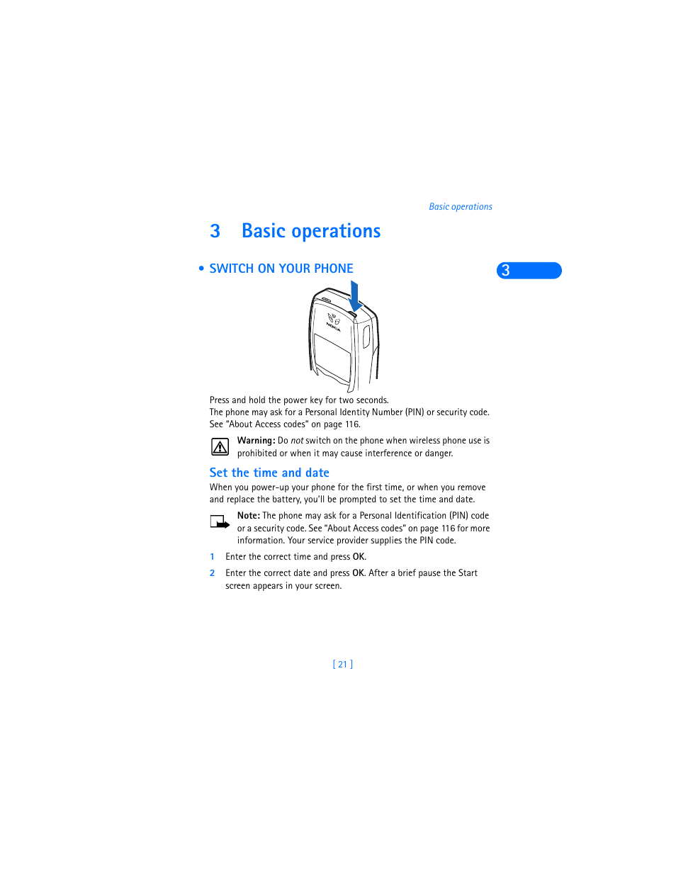 3 basic operations, Switch on your phone, Set the time and date | 1 enter the correct time and press ok, Basic operations, 3basic operations | Nokia 6590i User Manual | Page 30 / 217