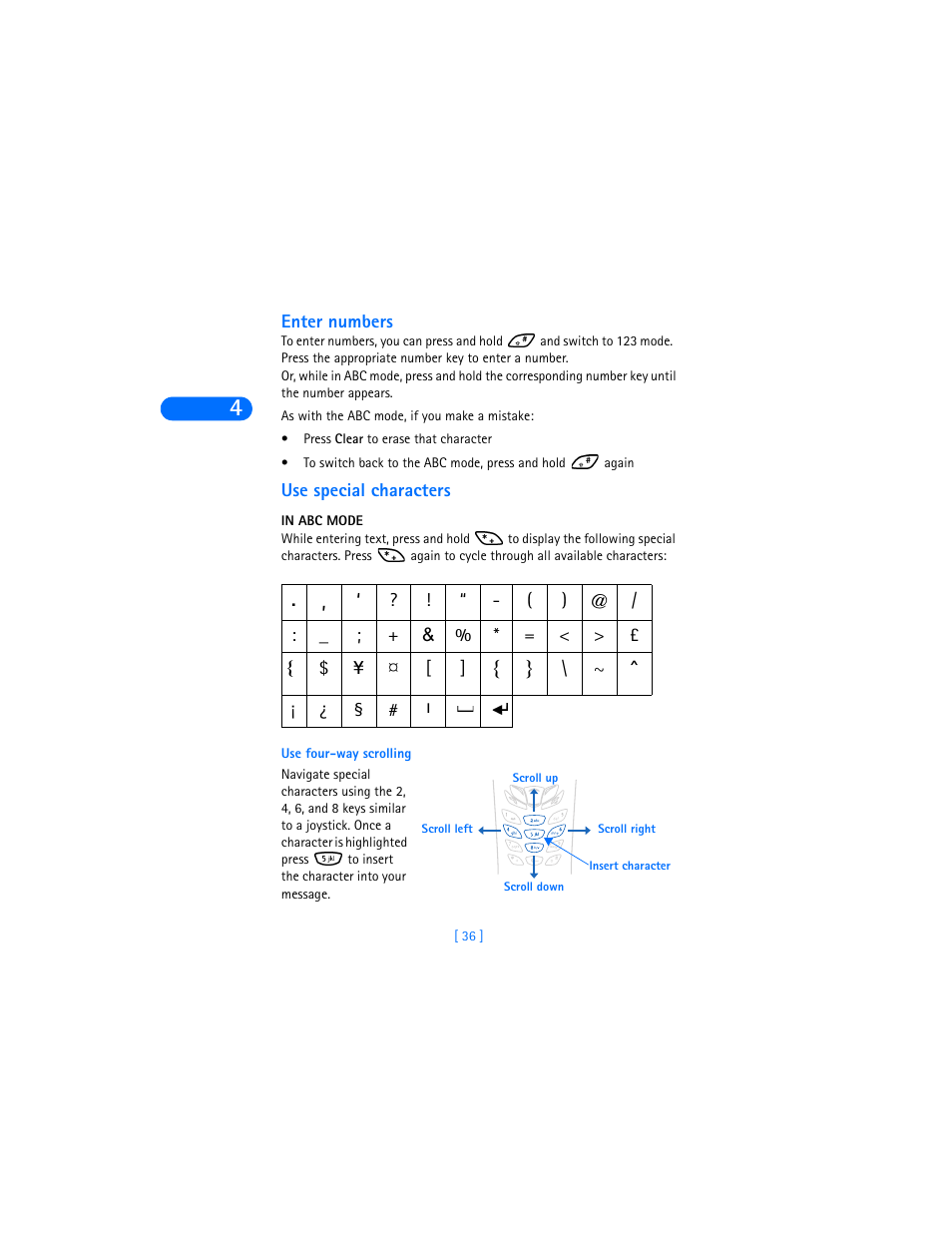 Enter numbers, Use special characters, In abc mode | Nokia 6590i User Manual | Page 45 / 217
