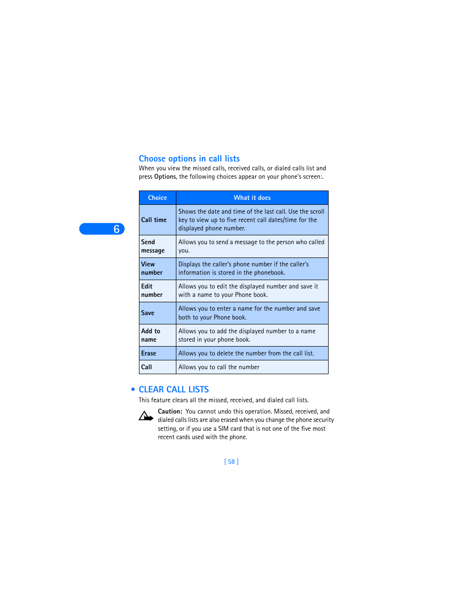 Choose options in call lists, Clear call lists | Nokia 6590i User Manual | Page 67 / 217