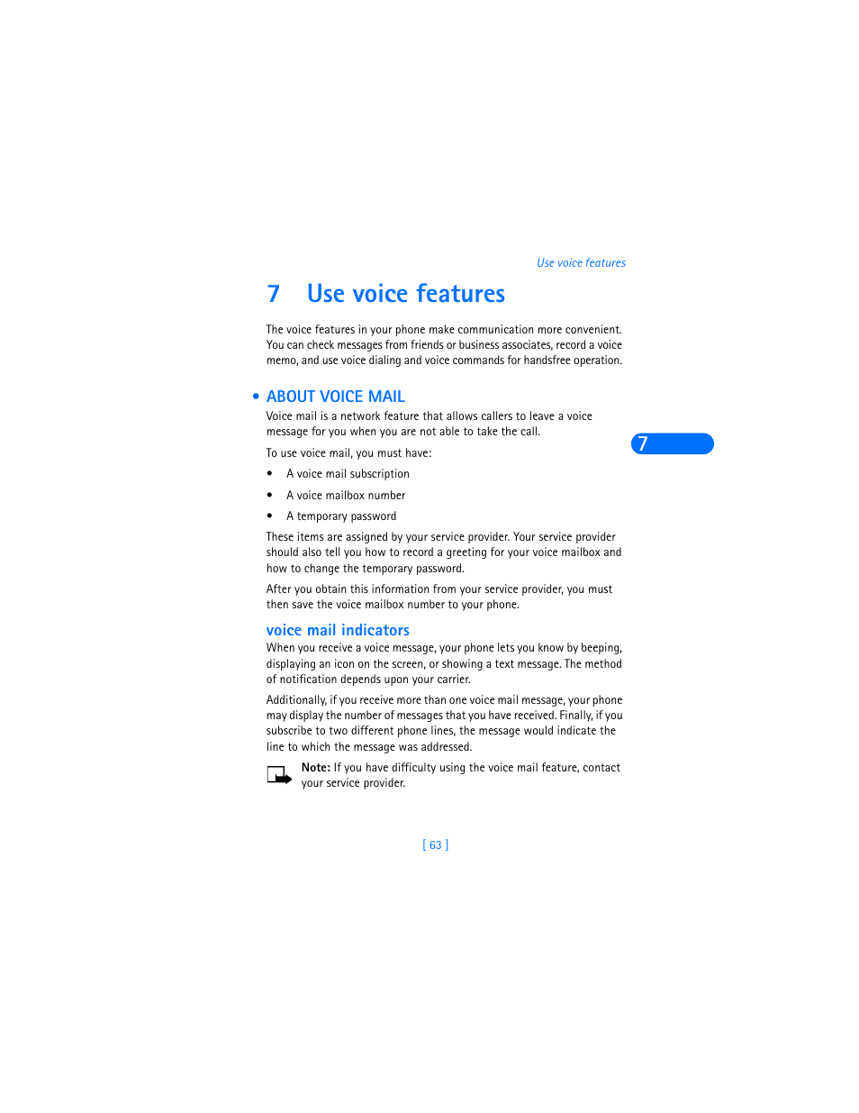 7 use voice features, About voice mail, Voice mail indicators | Use voice features, 7use voice features | Nokia 6590i User Manual | Page 72 / 217