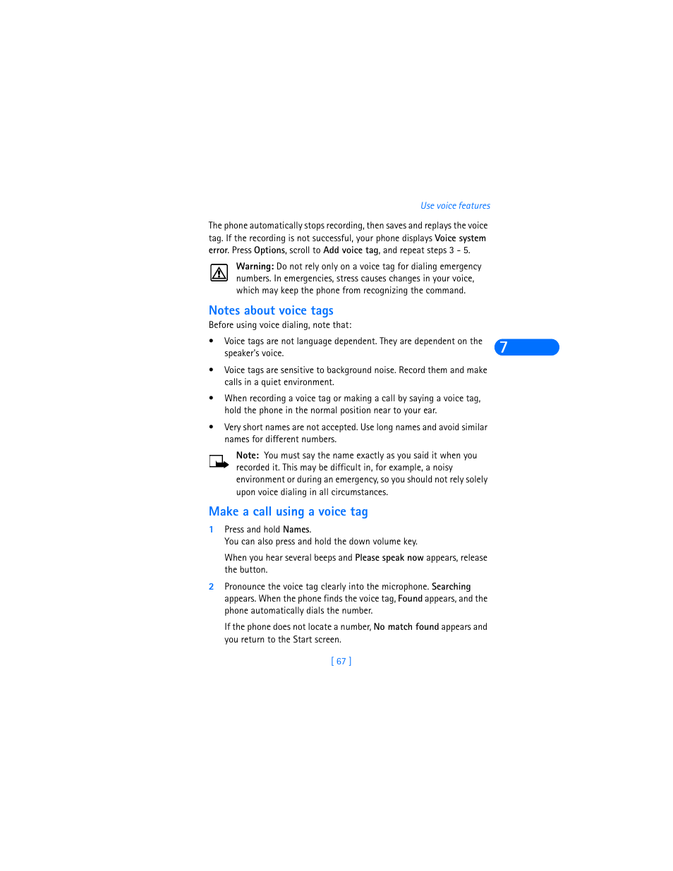 Notes about voice tags, Make a call using a voice tag | Nokia 6590i User Manual | Page 76 / 217