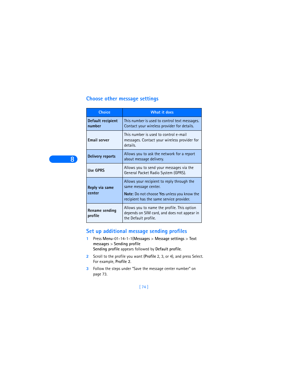 Choose other message settings, Set up additional message sending profiles | Nokia 6590i User Manual | Page 83 / 217