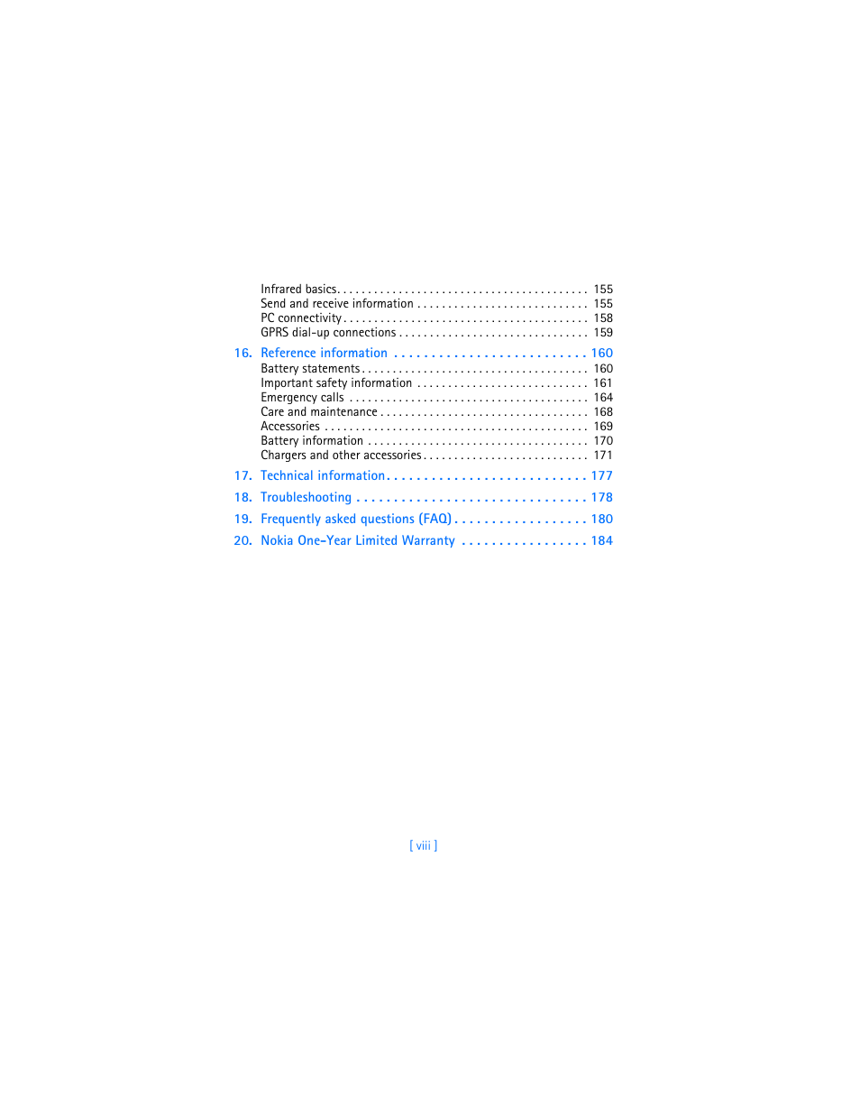 Reference information 160, Technical information 177, Troubleshooting 178 | Frequently asked questions (faq) 180, Nokia one-year limited warranty 184 | Nokia 6590i User Manual | Page 9 / 217