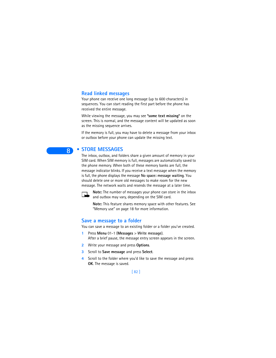 Read linked messages, Store messages, Save a message to a folder | 2 write your message and press options, 3 scroll to save message and press select | Nokia 6590i User Manual | Page 91 / 217