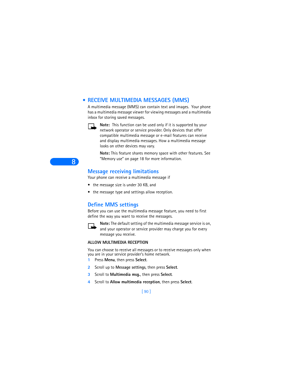 Receive multimedia messages (mms), Message receiving limitations, Define mms settings | Allow multimedia reception, 1 press menu, then press select, 2 scroll up to message settings, then press select, 3 scroll to multimedia msg., then press select | Nokia 6590i User Manual | Page 99 / 217