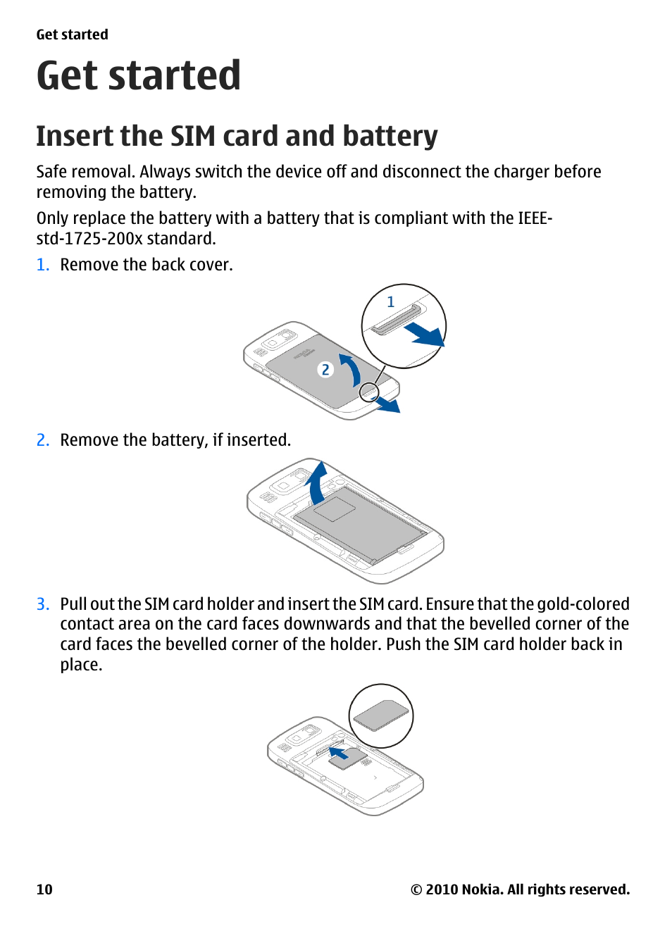 Get started, Insert the sim card and battery | Nokia E73 User Manual | Page 10 / 156