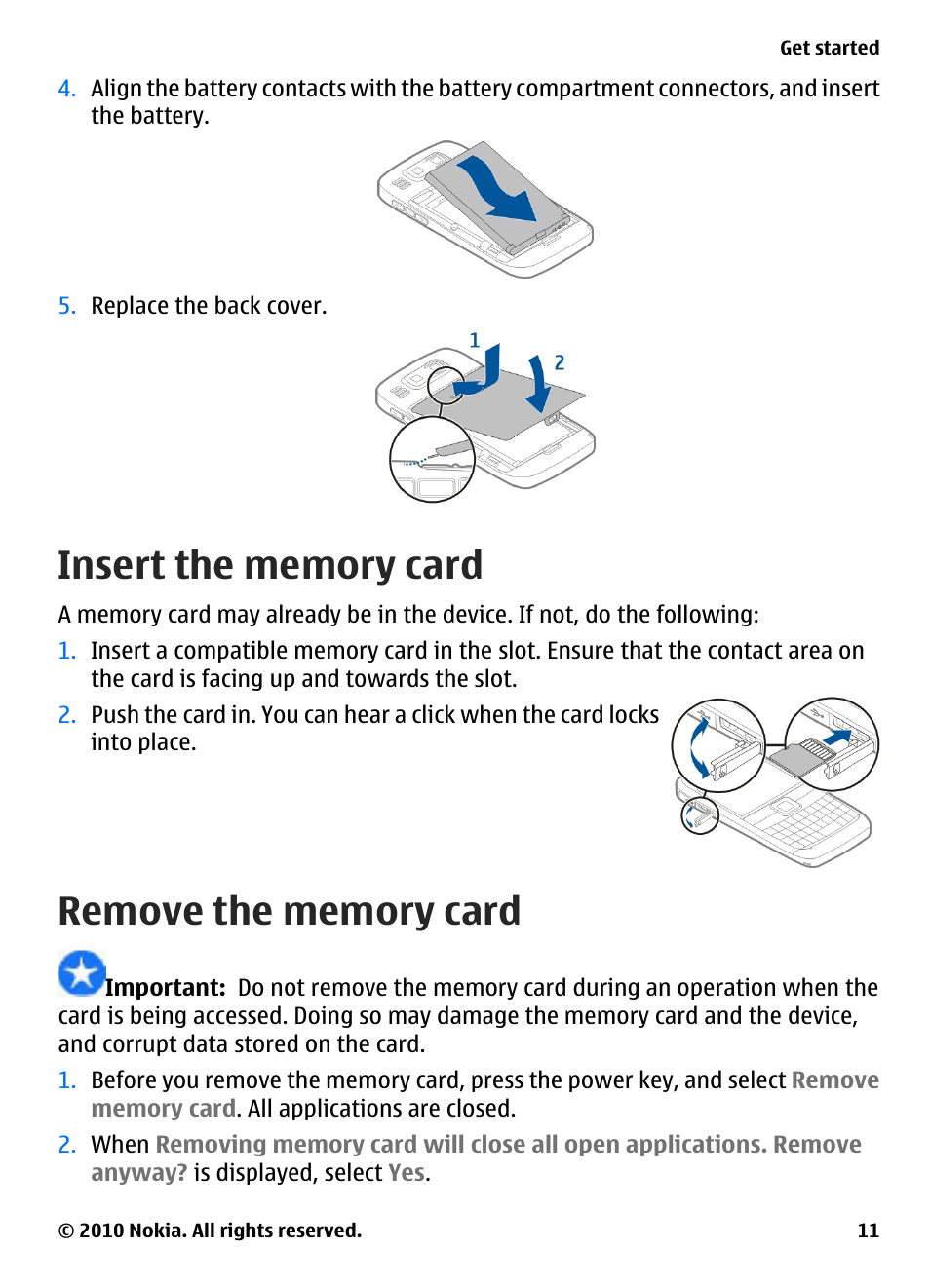 Insert the memory card, Remove the memory card | Nokia E73 User Manual | Page 11 / 156
