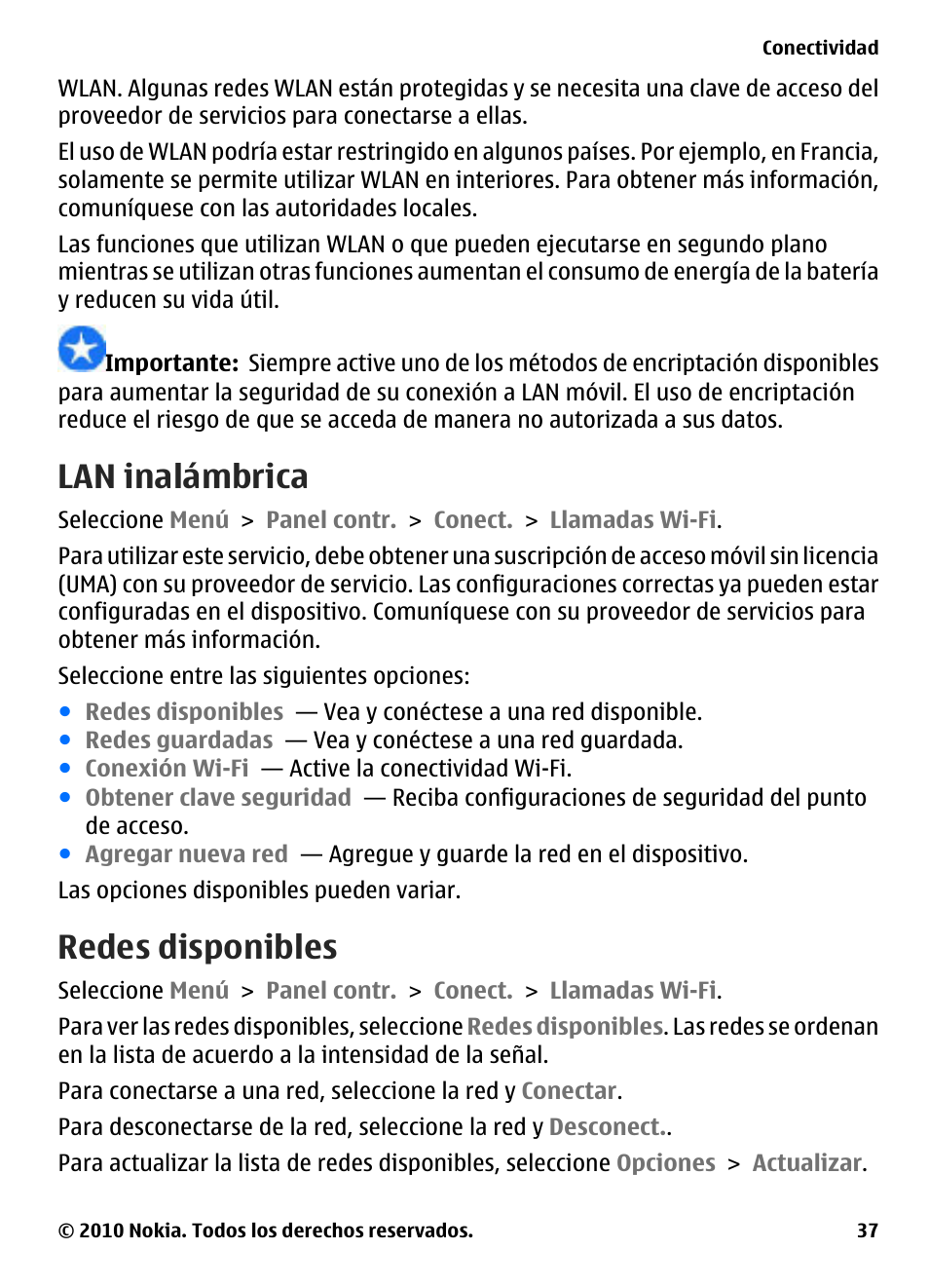 Lan inalámbrica, Redes disponibles | Nokia E73 User Manual | Page 112 / 156