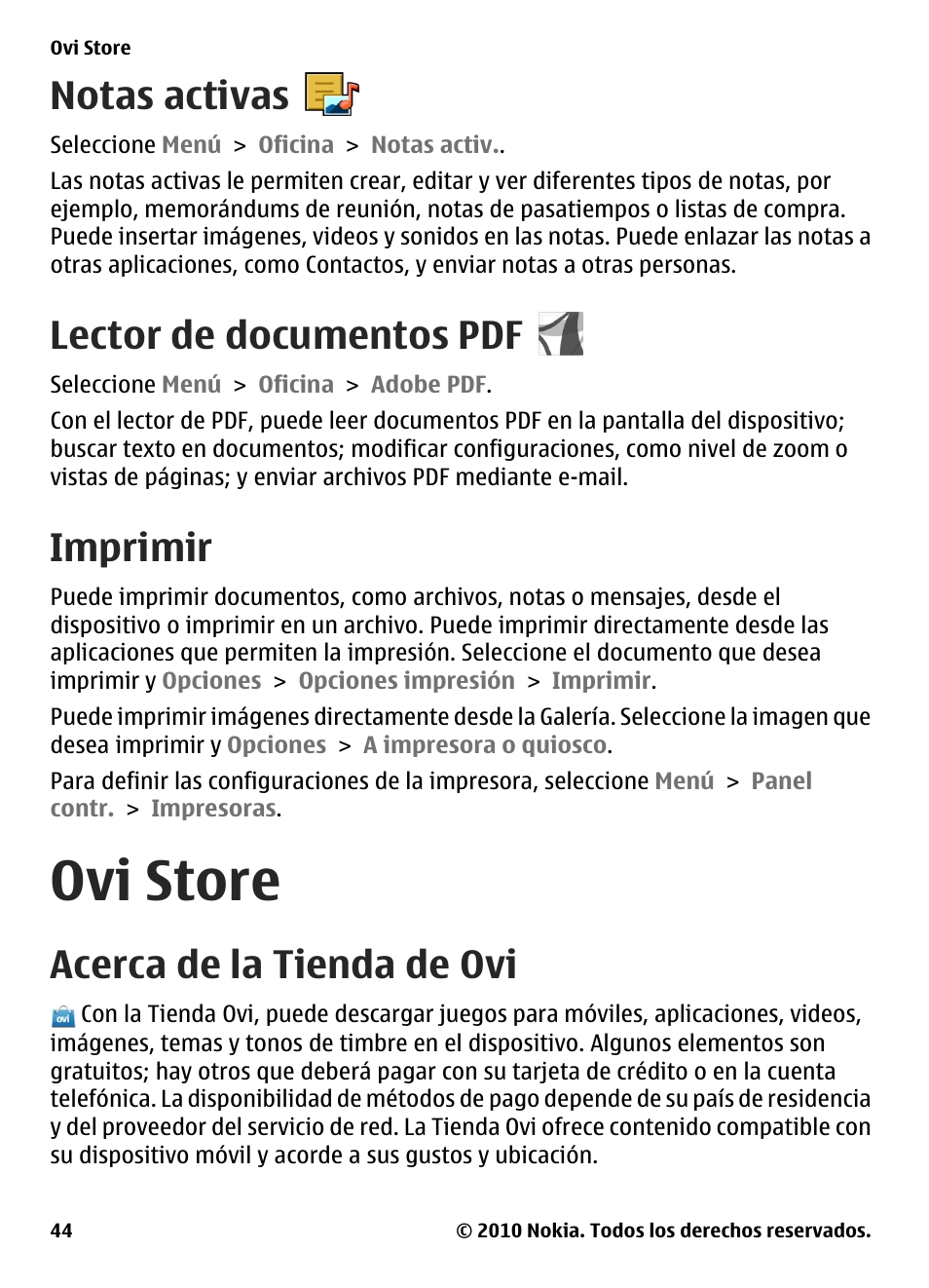 Notas activas, Lector de documentos pdf, Imprimir | Ovi store, Acerca de la tienda de ovi | Nokia E73 User Manual | Page 119 / 156