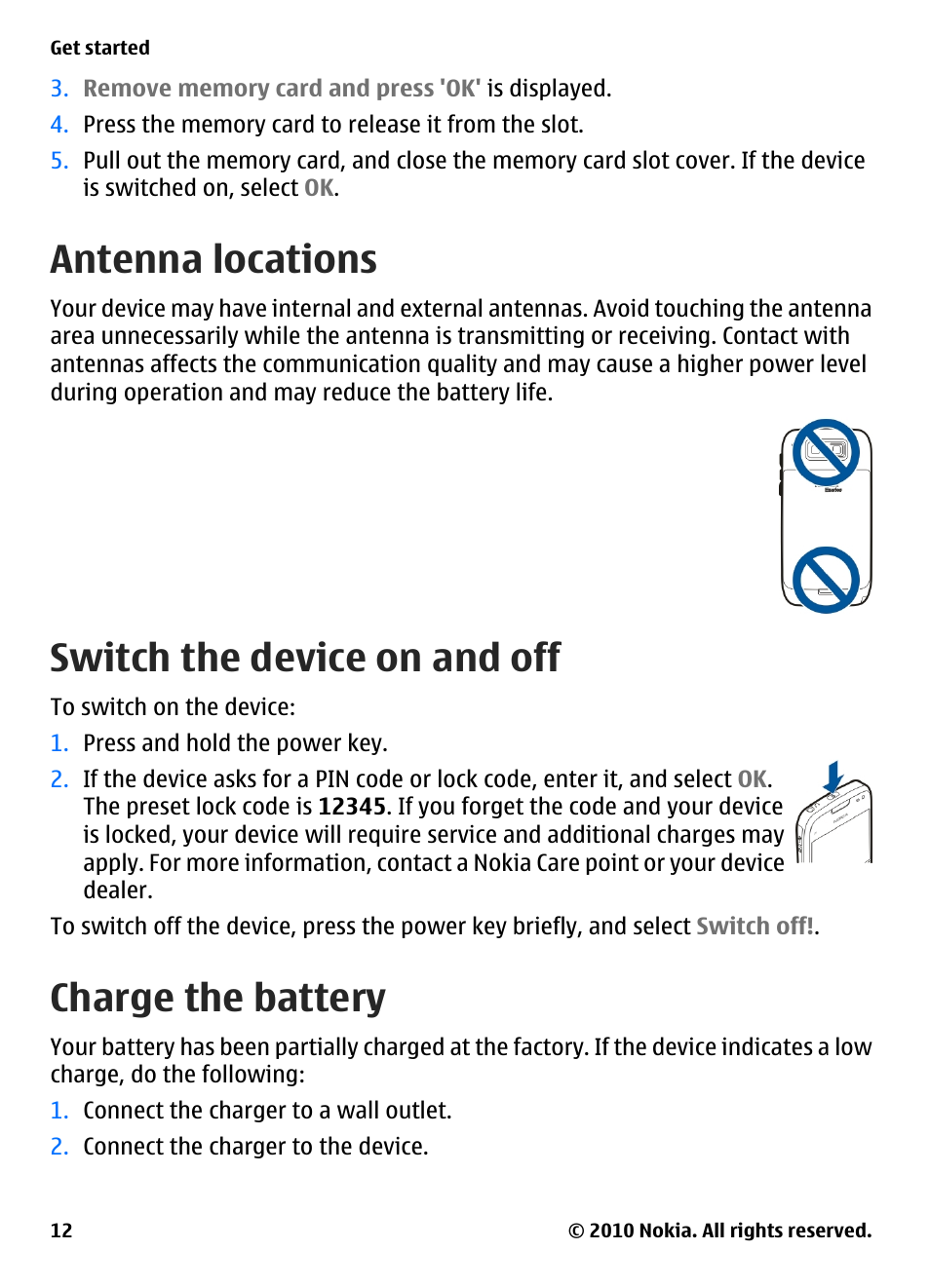 Antenna locations, Switch the device on and off, Charge the battery | Nokia E73 User Manual | Page 12 / 156