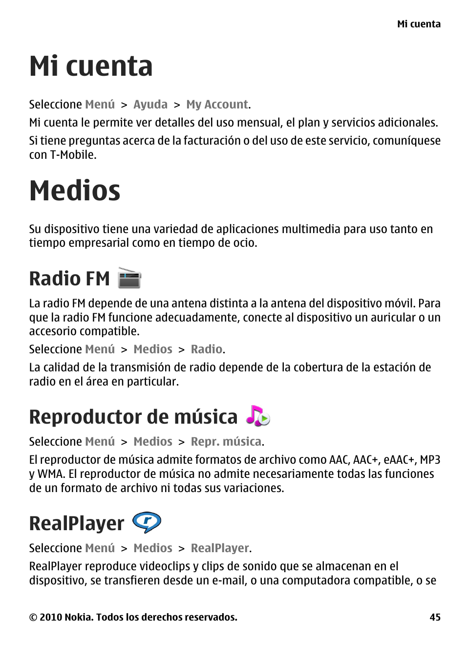 Mi cuenta, Medios, Radio fm | Reproductor de música, Realplayer, Mi cuenta medios | Nokia E73 User Manual | Page 120 / 156