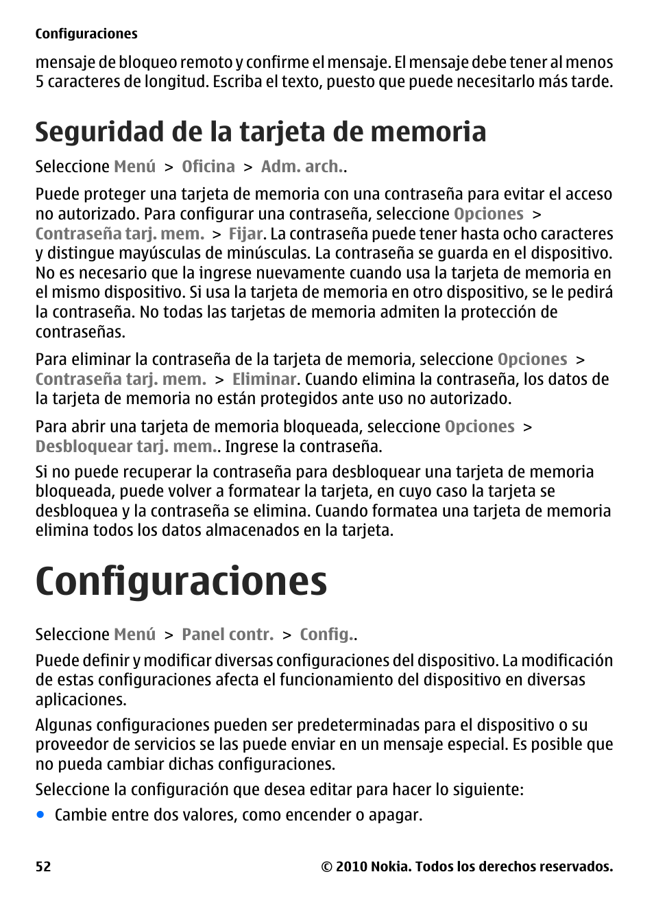 Seguridad de la tarjeta de memoria, Configuraciones | Nokia E73 User Manual | Page 127 / 156