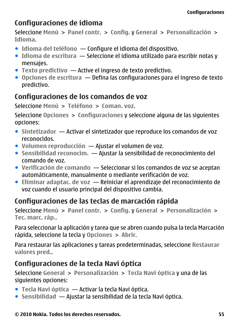 Configuraciones de idioma, Configuraciones de los comandos de voz, Configuraciones de las teclas de marcación rápida | Configuraciones de la tecla navi óptica | Nokia E73 User Manual | Page 130 / 156