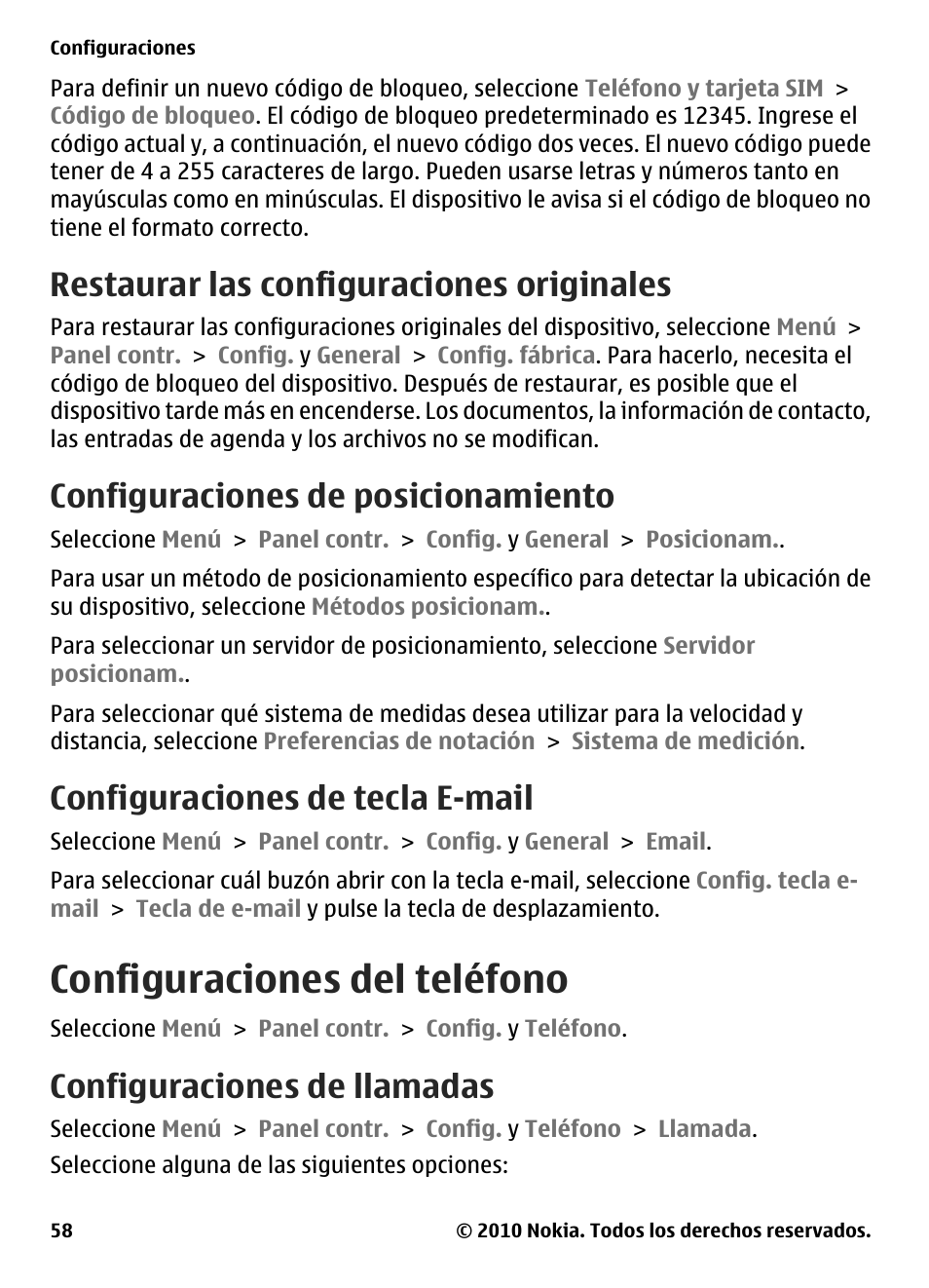 Restaurar las configuraciones originales, Configuraciones de posicionamiento, Configuraciones de tecla e-mail | Configuraciones del teléfono, Configuraciones de llamadas | Nokia E73 User Manual | Page 133 / 156