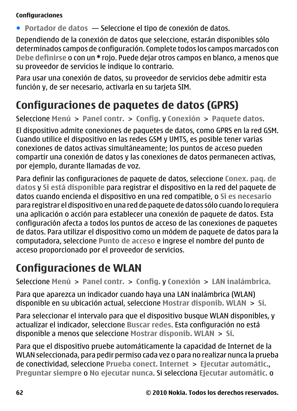 Configuraciones de paquetes de datos (gprs), Configuraciones de wlan | Nokia E73 User Manual | Page 137 / 156
