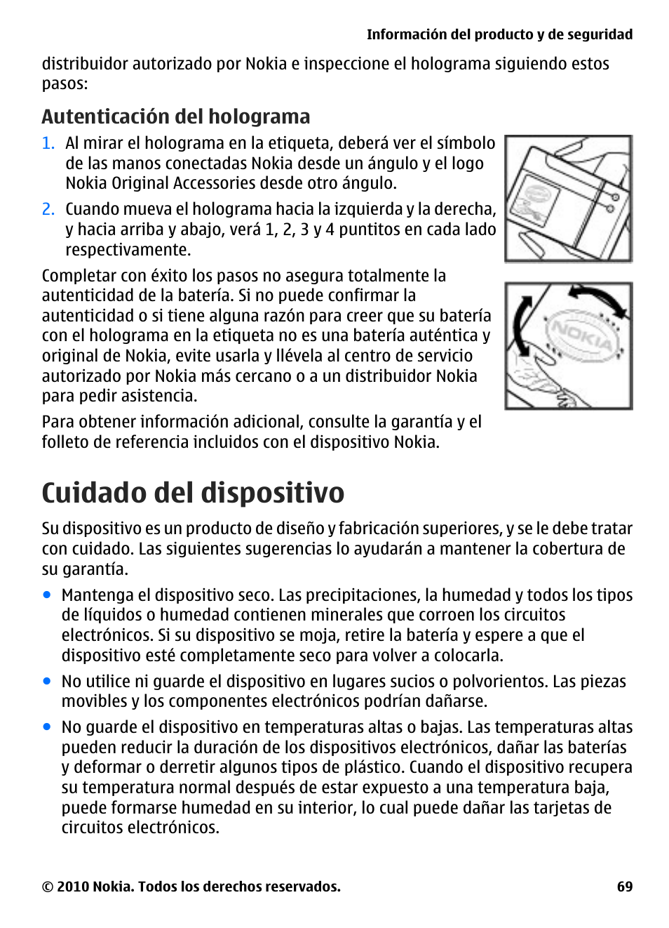 Autenticación del holograma, Cuidado del dispositivo | Nokia E73 User Manual | Page 144 / 156