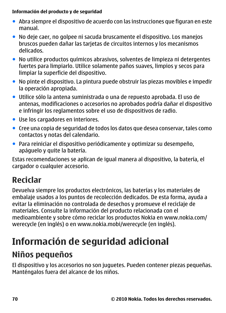 Reciclar, Información de seguridad adicional, Niños pequeños | Nokia E73 User Manual | Page 145 / 156