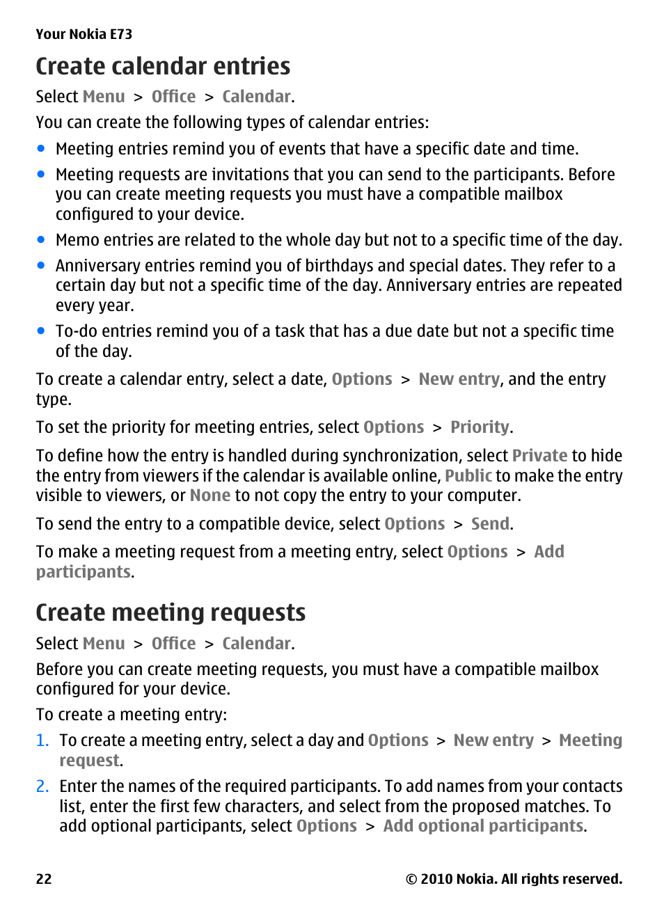 Create calendar entries, Create meeting requests | Nokia E73 User Manual | Page 22 / 156