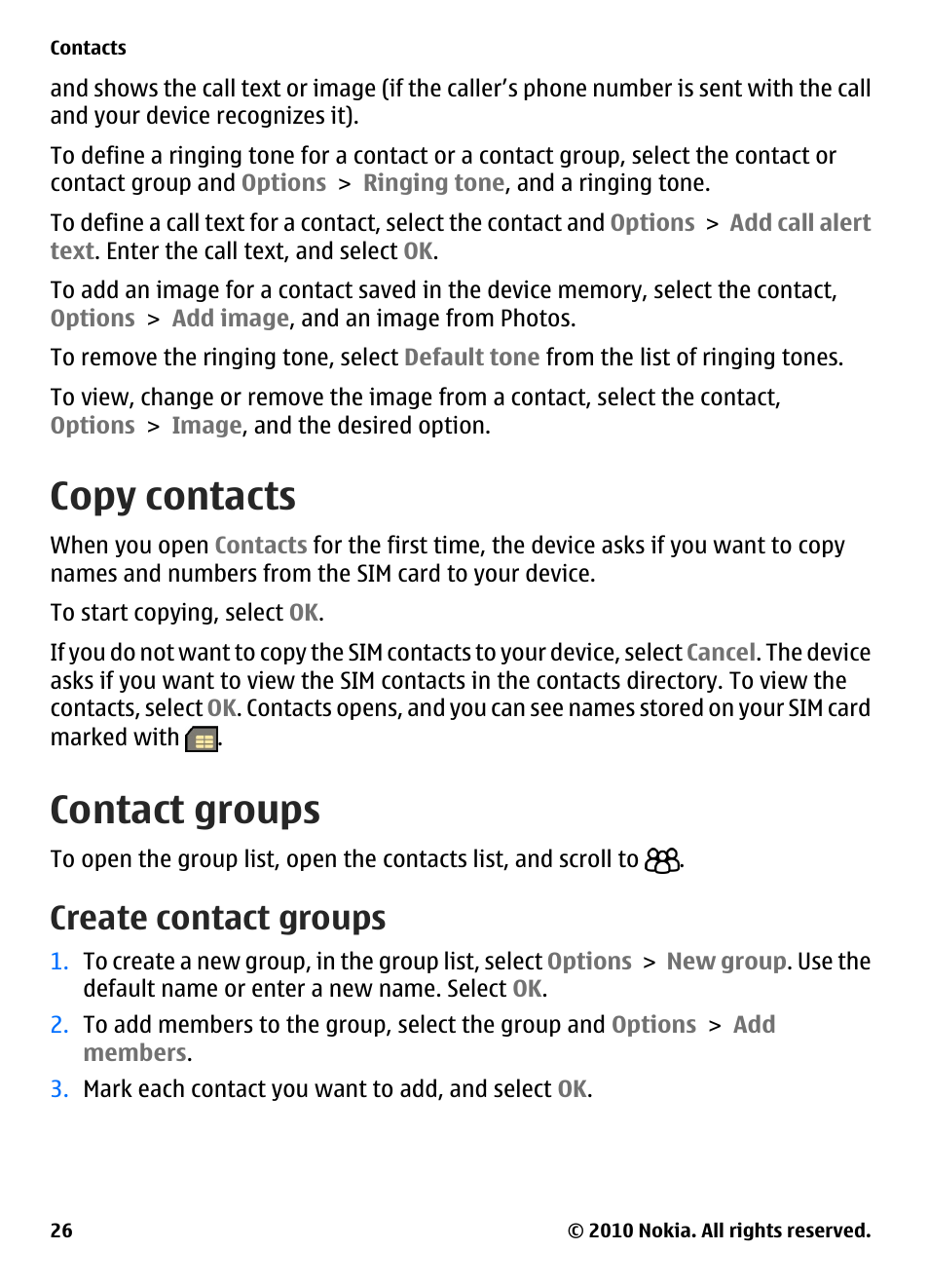 Copy contacts, Contact groups, Create contact groups | Nokia E73 User Manual | Page 26 / 156