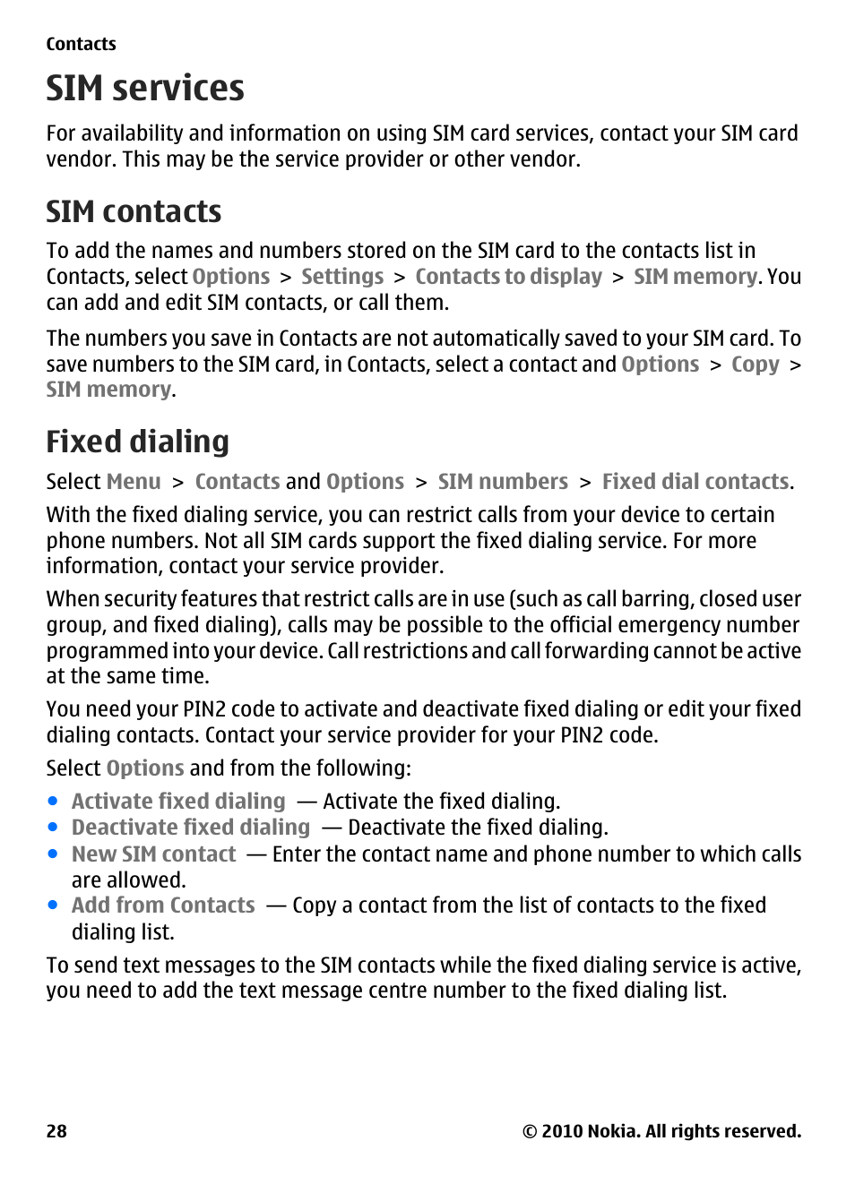 Sim services, Sim contacts, Fixed dialing | Nokia E73 User Manual | Page 28 / 156