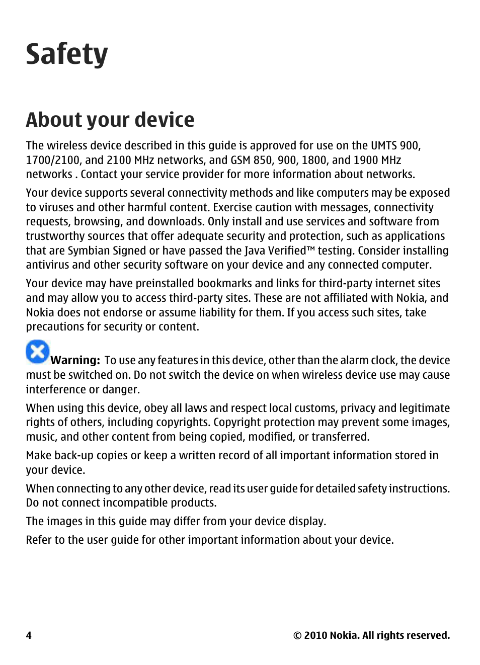 Safety, About your device | Nokia E73 User Manual | Page 4 / 156