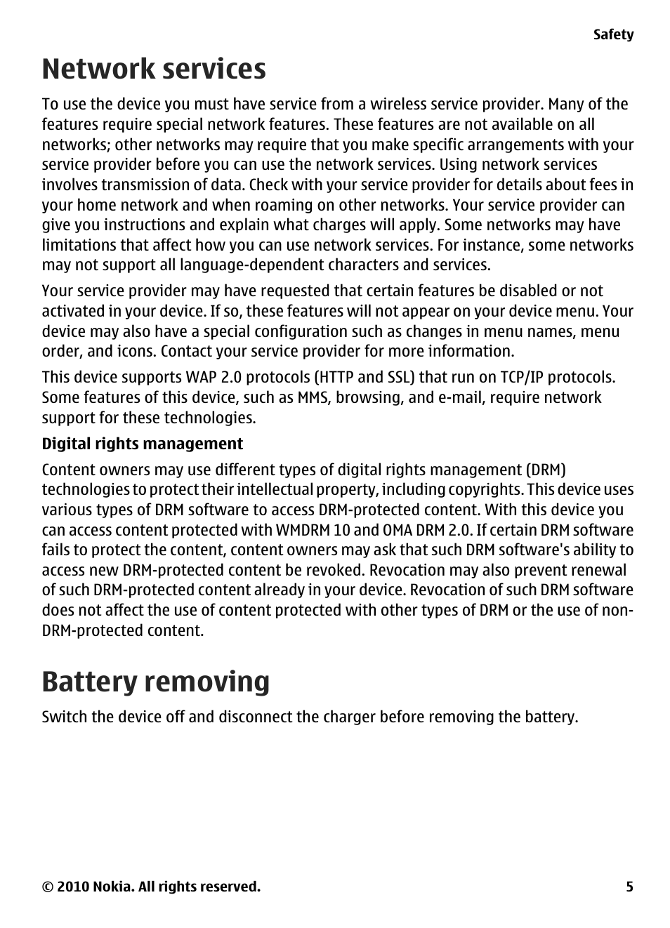Network services, Battery removing | Nokia E73 User Manual | Page 5 / 156