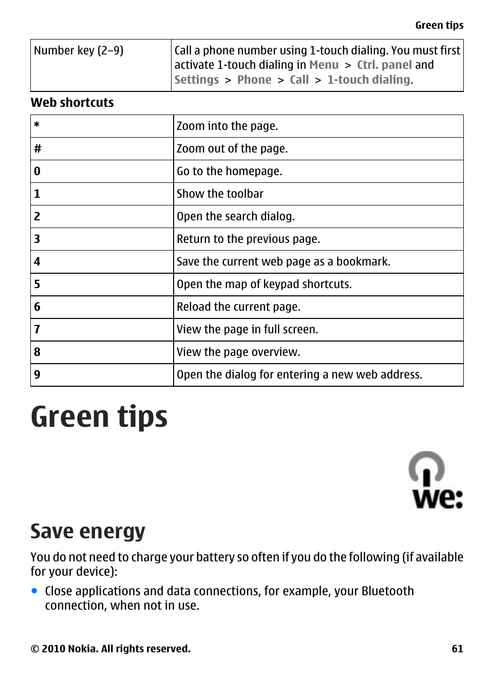 Green tips, Save energy | Nokia E73 User Manual | Page 61 / 156