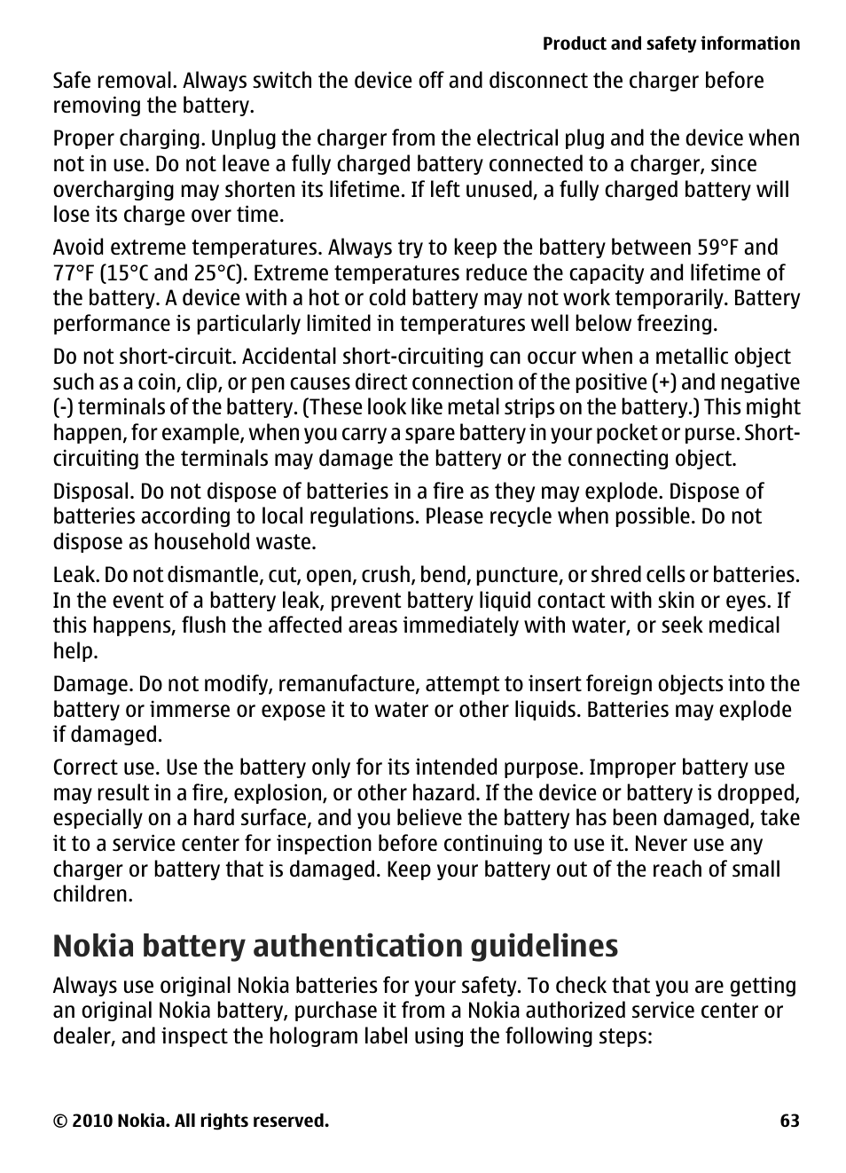 Nokia battery authentication guidelines | Nokia E73 User Manual | Page 63 / 156