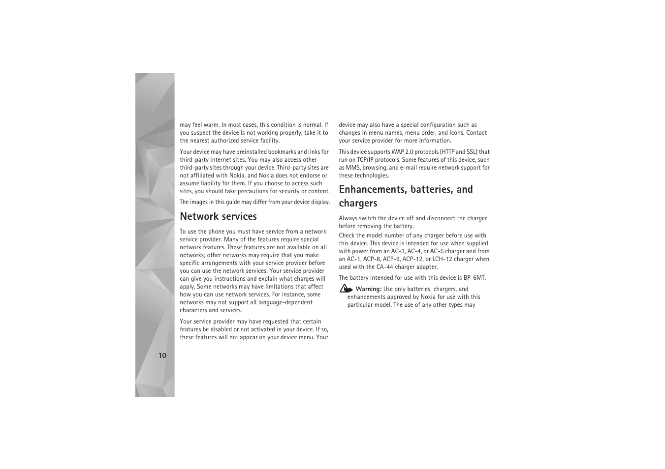 Network services, Enhancements, batteries, and chargers | Nokia N81 User Manual | Page 10 / 146