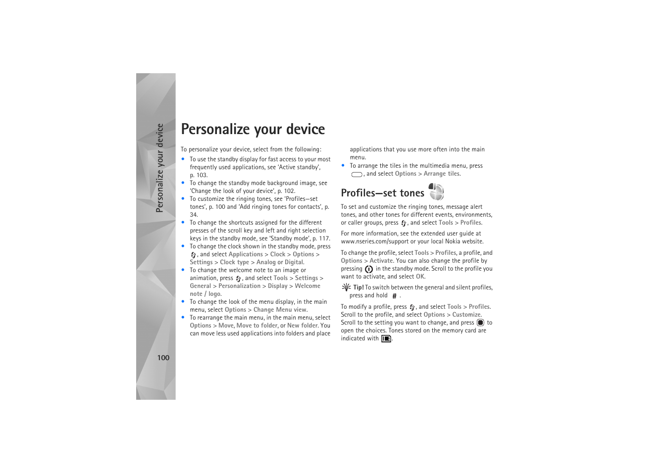 Personalize your device, Profiles, Profiles—set tones | Nokia N81 User Manual | Page 100 / 146