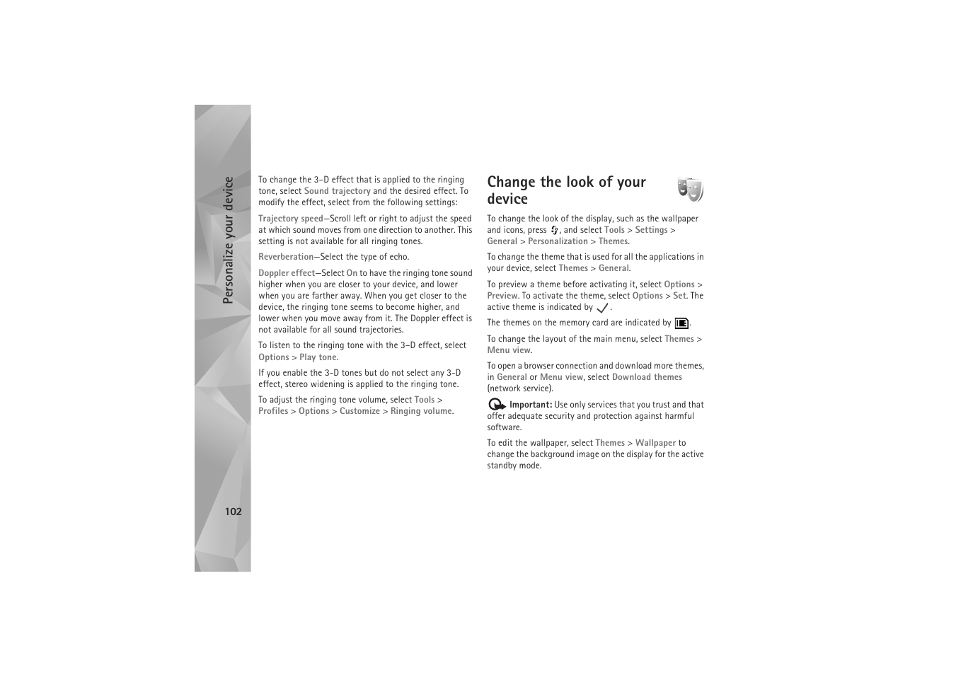 Change the look of your device, Personalize your device | Nokia N81 User Manual | Page 102 / 146